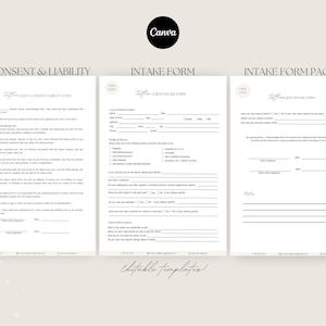 May include: Three pages of a tattoo consent and intake form with the title "Consent & Liability", "Intake Form", and "Intake Form Page 2". The forms include sections for client information, medical history, tattoo instructions, and client and artist signatures.
