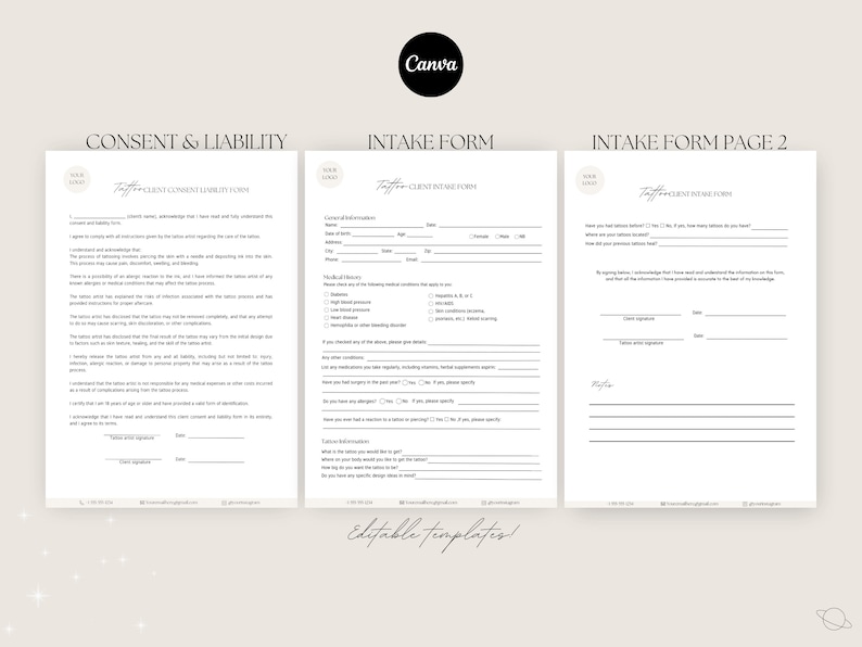 May include: Three pages of a tattoo consent and intake form with the title "Consent & Liability", "Intake Form", and "Intake Form Page 2". The forms include sections for client information, medical history, tattoo instructions, and client and artist signatures.