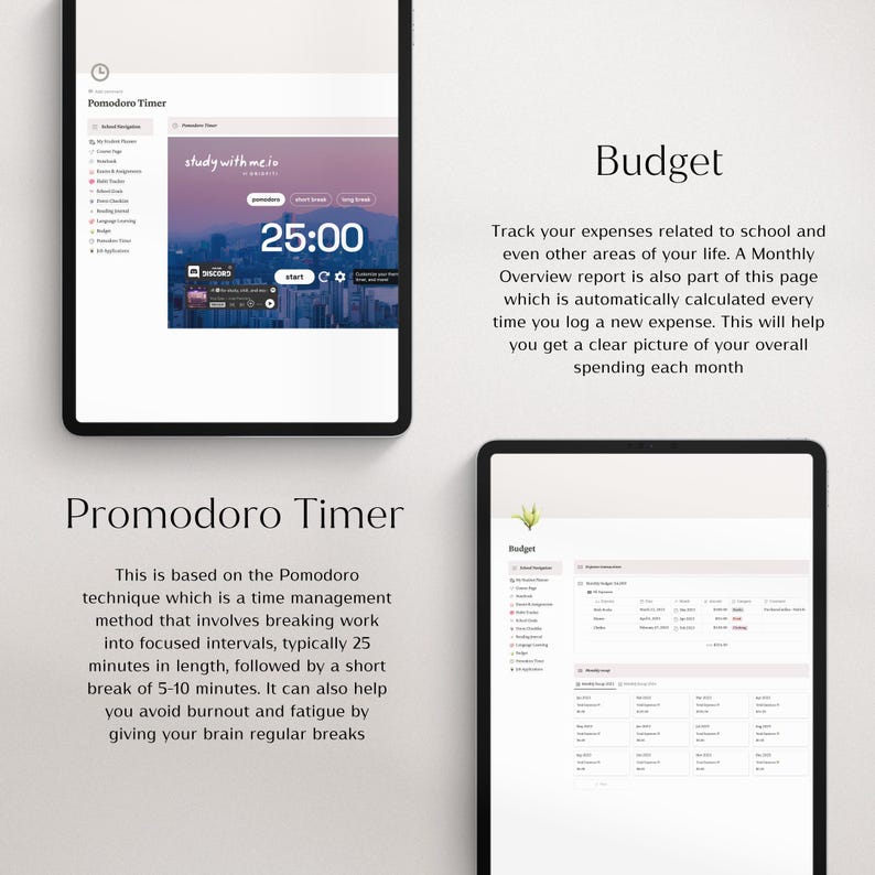 Op de afbeelding: Twee digitale tablets met een productiviteits-app interface. E&eacute;n toont een Pomodoro-timer met een aftelling van 25 minuten, de andere een pagina voor budgettracking. Tekst: "study with me.io" en "Budget".