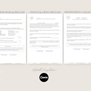 May include: Three printable forms for a business, including a COVID-19 waiver and release, a photo and video release, and an appointment cancellation policy. The forms are in a minimalist style with a light brown background and black text.