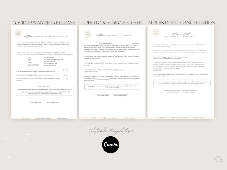 May include: Three printable forms for a business, including a COVID-19 waiver and release, a photo and video release, and an appointment cancellation policy. The forms are in a minimalist style with a light brown background and black text.