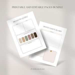 May include: Printable and editable brand planning and vision board pages. The pages include sections for fonts, logo, color palette, inspiration, and 6 months.