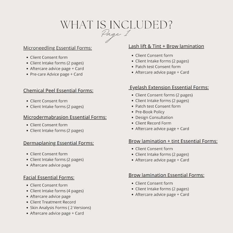May include: A beige page titled "WHAT IS INCLUDED?" lists essential forms for various beauty treatments, including Microneedling, Chemical Peel, and Lash Lift. The text is in black, with a handwritten "Page 1" at the top.