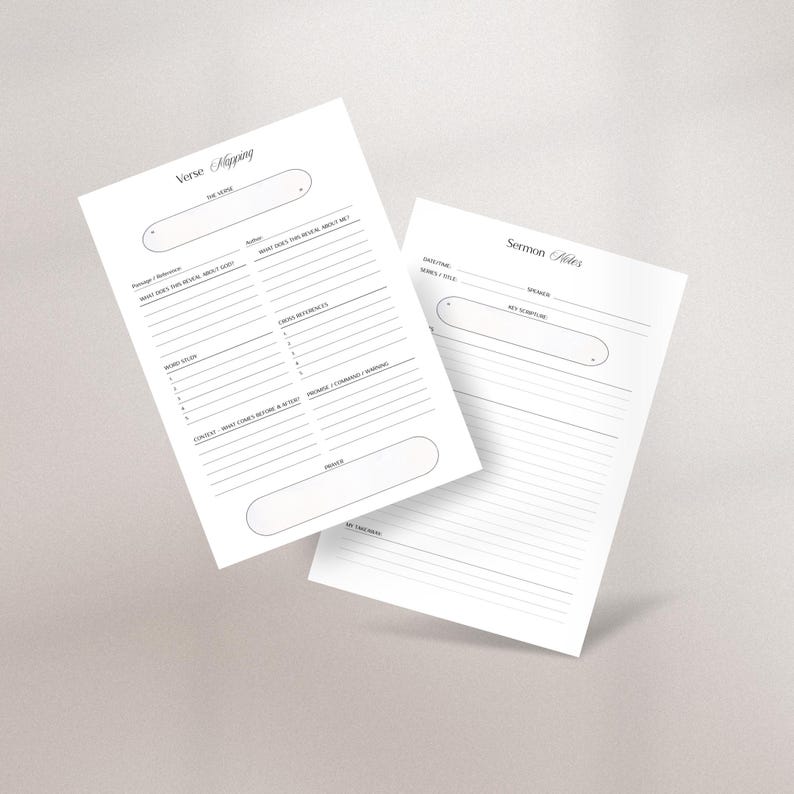 May include: Two white paper sheets featuring black printed text and lines. One sheet is titled Verse Mapping with sections for the verse, author, and study questions. The other sheet is titled Sermon Notes with fields for date, speaker, and scripture.