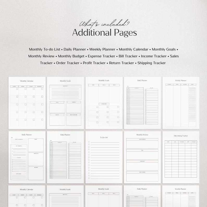 May include: A set of printable planner pages with a variety of layouts, including monthly calendars, daily planners, weekly planners, to-do lists, and goal setting pages.