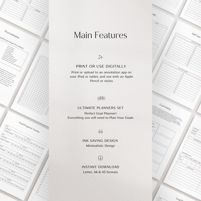 Puede incluir: Una colecci&oacute;n de p&aacute;ginas de planificador blancas con texto y gr&aacute;ficos. Se enumeran las caracter&iacute;sticas principales, incluido el uso digital, el conjunto de planificador definitivo y la descarga instant&aacute;nea en formatos Carta, A4 y A5. Las p&aacute;ginas incluyen secciones para establecer objetivos y autocuidado.
