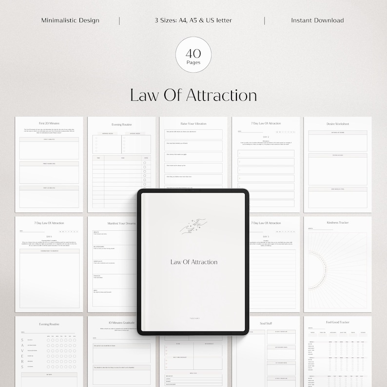 Pu&ograve; includere: Un planner digitale dal design minimalista, intitolato "Law of Attraction". Offre 40 pagine ed &egrave; disponibile nei formati A4, A5 e US letter. Il design &egrave; pulito e semplice, incentrato sulla funzionalit&agrave; e sulla facilit&agrave; d'uso.