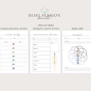 Peut inclure: T&eacute;l&eacute;chargement num&eacute;rique imprimable de trois pages pour une s&eacute;ance de Reiki. La premi&egrave;re page est une page de notes de gu&eacute;rison des chakras avec un tableau des sept chakras. La deuxi&egrave;me page est une page de notes client pour une s&eacute;ance de Reiki &agrave; distance avec un sch&eacute;ma des chakras sur un corps humain. La troisi&egrave;me page est une page de grille Reiki avec un sch&eacute;ma des chakras dans un motif de fleur de vie.