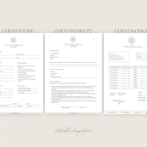 May include: Three printable forms for event planning, titled "Client Intake", "Client Intake P'2", and "Client Invoice". The forms are designed in a minimalist style with a light brown background and black text.