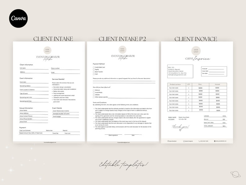 May include: Three printable forms for event planning, titled "Client Intake", "Client Intake P'2", and "Client Invoice". The forms are designed in a minimalist style with a light brown background and black text.
