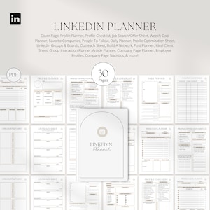 May include: A printable planner with 30 pages for organising your LinkedIn activity. The planner includes sections for profile planning, outreach, weekly goals, and more. The cover features a LinkedIn logo and the text "LinkedIn Planner".