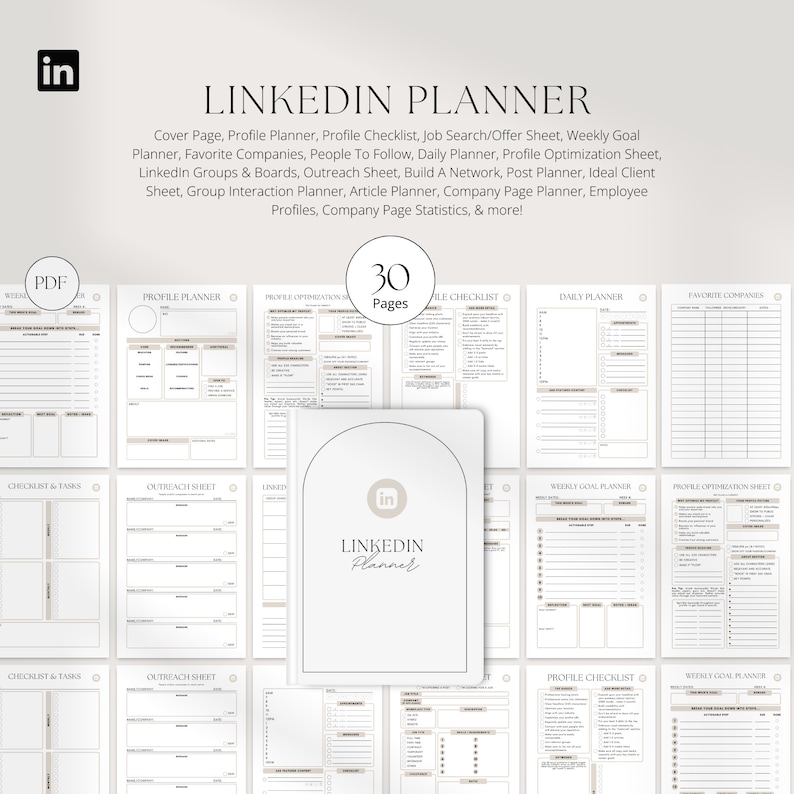 May include: A printable planner with 30 pages for organising your LinkedIn activity. The planner includes sections for profile planning, outreach, weekly goals, and more. The cover features a LinkedIn logo and the text "LinkedIn Planner".