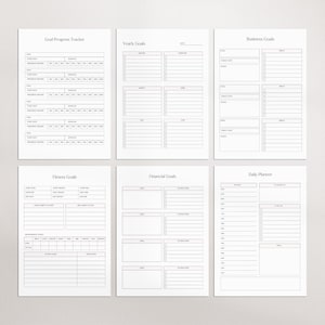 Puede incluir: Un conjunto de seis p&aacute;ginas de planificador imprimibles en blanco con secciones para el seguimiento de objetivos, objetivos anuales, objetivos comerciales, objetivos de fitness, objetivos financieros y un planificador diario. Dise&ntilde;o minimalista.