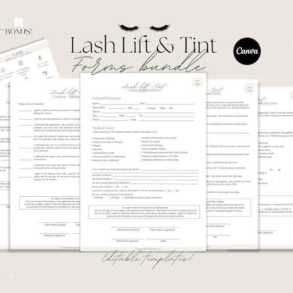 Lash lift & tint forms - Editable templates, Esthetician template, Esthetician forms, client consent form, consultation form, Lash forms.