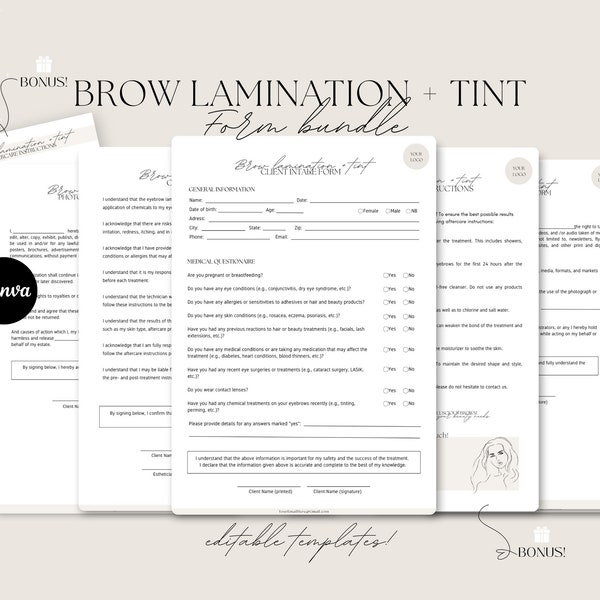 Brow Lamination + Tint Forms  - Editable templates. Esthetician forms, eyebrow Intake form, Esthetician template, Brow lamination form.