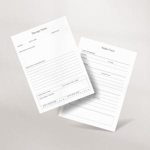 Puede incluir: Dos formularios imprimibles en blanco para sesiones de terapia. El primer formulario se titula "Notas de terapia" e incluye secciones para la fecha de la sesi&oacute;n, el nombre del paciente, los puntos principales de discusi&oacute;n, las notas y observaciones de la sesi&oacute;n, la fecha y hora de la sesi&oacute;n, las preocupaciones de seguridad y el estado de &aacute;nimo del paciente despu&eacute;s de la sesi&oacute;n. El segundo formulario se titula "Formulario de admisi&oacute;n" e incluye secciones para la informaci&oacute;n del cliente, el nombre, el apellido, la fecha de nacimiento, el n&uacute;mero de tel&eacute;fono y la direcci&oacute;n de correo electr&oacute;nico.
