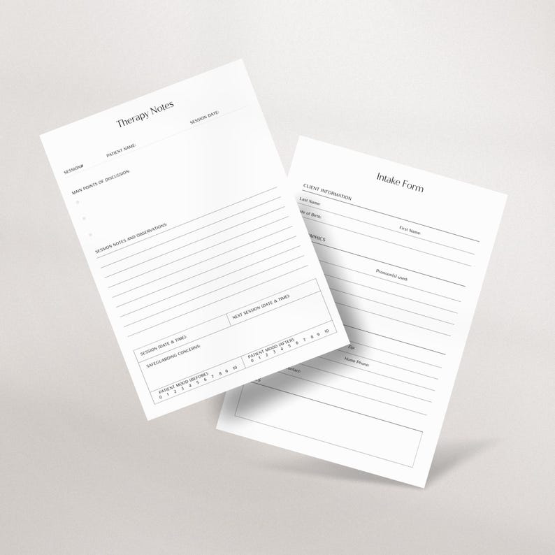 Puede incluir: Dos formularios imprimibles en blanco para sesiones de terapia. El primer formulario se titula "Notas de terapia" e incluye secciones para la fecha de la sesi&oacute;n, el nombre del paciente, los puntos principales de discusi&oacute;n, las notas y observaciones de la sesi&oacute;n, la fecha y hora de la sesi&oacute;n, las preocupaciones de seguridad y el estado de &aacute;nimo del paciente despu&eacute;s de la sesi&oacute;n. El segundo formulario se titula "Formulario de admisi&oacute;n" e incluye secciones para la informaci&oacute;n del cliente, el nombre, el apellido, la fecha de nacimiento, el n&uacute;mero de tel&eacute;fono y la direcci&oacute;n de correo electr&oacute;nico.