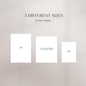 May include: Three white rectangular paper sheets displayed in varying sizes, labeled A4, US LETTER, and A5. The text at the top reads 3 DIFFERENT SIZES To Your Choice. The layout shows the relative scale of these three standard paper formats.