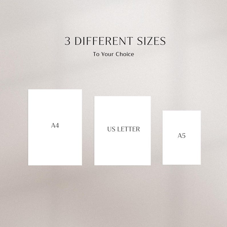 May include: Three white rectangular paper sheets displayed in varying sizes, labeled A4, US LETTER, and A5. The text at the top reads 3 DIFFERENT SIZES To Your Choice. The layout shows the relative scale of these three standard paper formats.