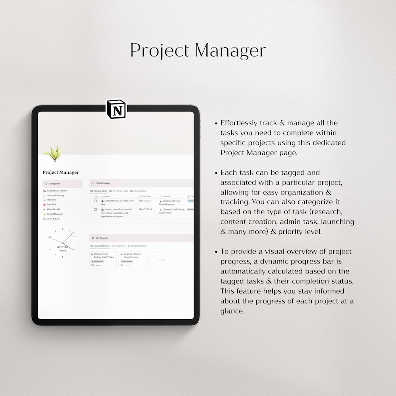 May include: A screenshot of a tablet displaying a project management app. The app has a dark gray background with white text and icons. The app is called "Project Manager" and has a progress bar, a list of tasks, and a calendar. The app is designed to help users track and manage their projects.