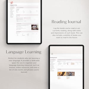 Op de afbeelding: Twee digitale tablets met digitale notitieboeken. E&eacute;n tablet toont een "Language Learning" interface met tekst. De andere tablet toont een "Reading Journal" interface. De achtergrond is wit met zwarte tekst.