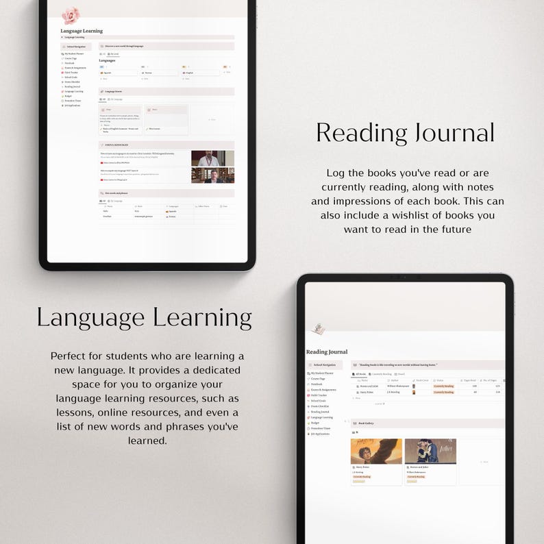 Op de afbeelding: Twee digitale tablets met digitale notitieboeken. E&eacute;n tablet toont een "Language Learning" interface met tekst. De andere tablet toont een "Reading Journal" interface. De achtergrond is wit met zwarte tekst.