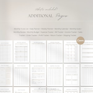 May include: A printable planner with a variety of pages for budgeting, tracking income and expenses, and scheduling. The pages are designed in a minimalist style with black text on a white background.