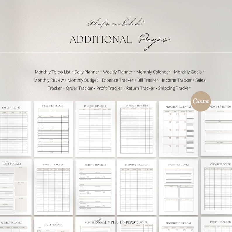 May include: A printable planner with a variety of pages for budgeting, tracking income and expenses, and scheduling. The pages are designed in a minimalist style with black text on a white background.