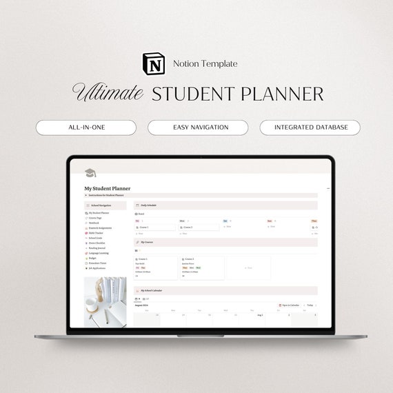 Notion Student Planner, Academic Planner, Notion Planner University Template, Academic Notion Template, Student Planner Notion