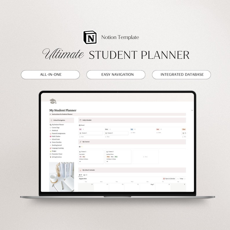 Op de afbeelding: Een laptop met een Notion studentenplanner template. Het scherm toont een digitale planner met secties voor dagschema's, cursussen en een kalender. De tekst "Ultimate STUDENT PLANNER" staat boven de laptop.