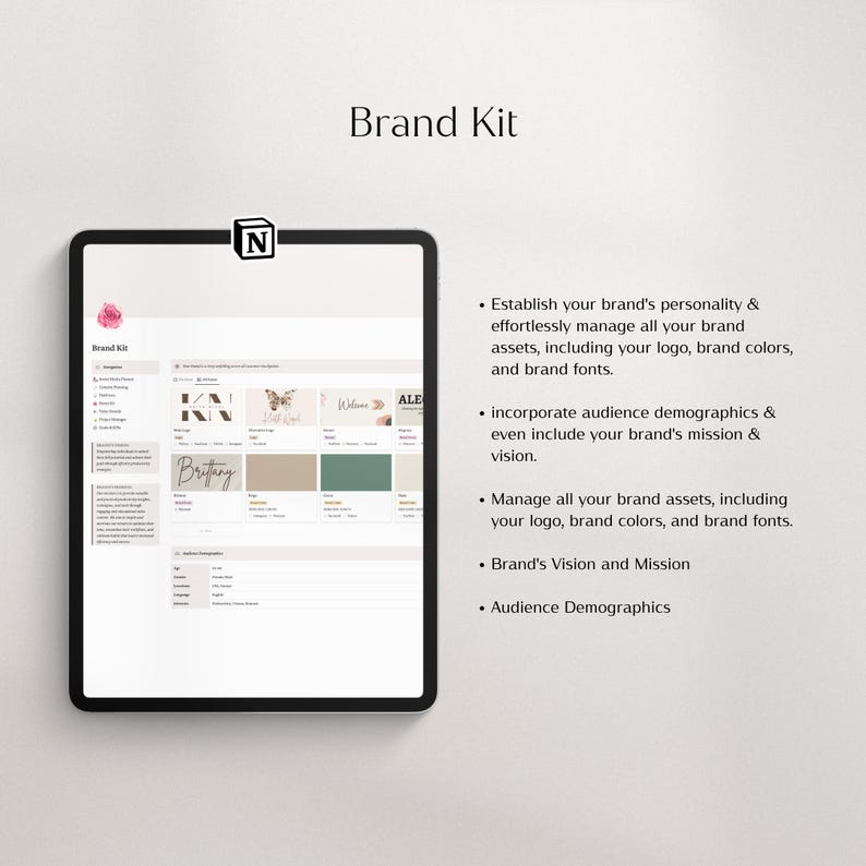 May include: A screenshot of a computer screen showing a brand kit design tool. The tool features a variety of design elements, including logos, color palettes, and fonts. The text on the screen reads "Brand Kit" and "Establish your brand's personality & effortlessly manage all your brand assets, including your logo, brand colors, and brand fonts."