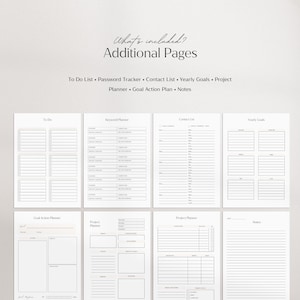 May include: A printable planner with pages for to-do lists, password tracking, contact lists, yearly goals, project planning, goal action plans, and notes.