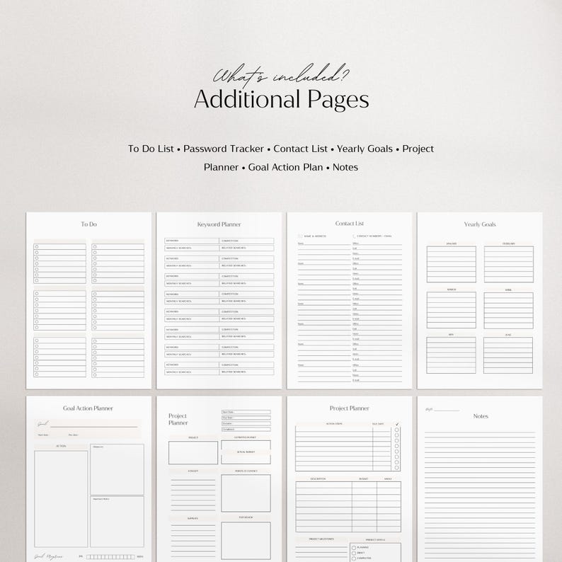May include: A printable planner with pages for to-do lists, password tracking, contact lists, yearly goals, project planning, goal action plans, and notes.