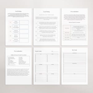 Puede incluir: Seis p&aacute;ginas de papel blanco con texto y gr&aacute;ficos para la planificaci&oacute;n. Los t&iacute;tulos incluyen "Goal Setting", "Procrastination", "Yearly Goals" y "My Goals". Las p&aacute;ginas est&aacute;n dise&ntilde;adas para la organizaci&oacute;n personal y la superaci&oacute;n personal.