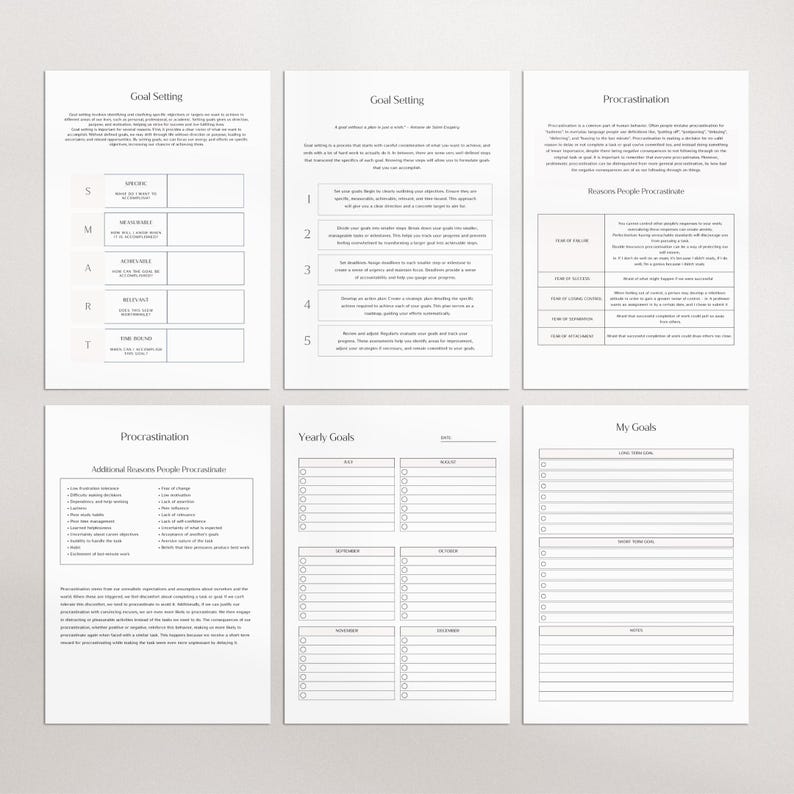 Puede incluir: Seis p&aacute;ginas de papel blanco con texto y gr&aacute;ficos para la planificaci&oacute;n. Los t&iacute;tulos incluyen "Goal Setting", "Procrastination", "Yearly Goals" y "My Goals". Las p&aacute;ginas est&aacute;n dise&ntilde;adas para la organizaci&oacute;n personal y la superaci&oacute;n personal.