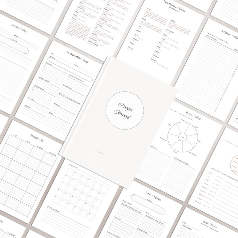 May include: A white prayer journal with a circular emblem on the cover, surrounded by various open pages featuring printed templates for sermon notes, Bible reading trackers, scripture logs, prayer wheels, thought logs, and habit trackers.