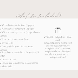 Op de afbeelding: Een checklist van wat er in een digitaal product voor fotografen zit. De checklist bevat items zoals een consultatie-intakeformulier, een klantenserviceovereenkomst, een foto- en video-releaseformulier, een factuur, een zorghandleiding en sjablonen. Een bonus-item is een digitale nazorgkaart.