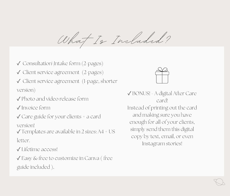 Op de afbeelding: Een checklist van wat er in een digitaal product voor fotografen zit. De checklist bevat items zoals een consultatie-intakeformulier, een klantenserviceovereenkomst, een foto- en video-releaseformulier, een factuur, een zorghandleiding en sjablonen. Een bonus-item is een digitale nazorgkaart.