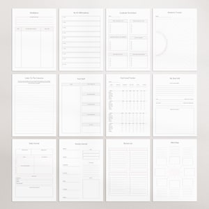 Pu&ograve; includere: Una raccolta di dodici pagine di pianificatore stampabili con vari layout. Le pagine includono sezioni per la meditazione, le affermazioni, la gratitudine, la gentilezza, la tenuta del diario e la definizione degli obiettivi. Le pagine sono bianche con testo e linee nere.