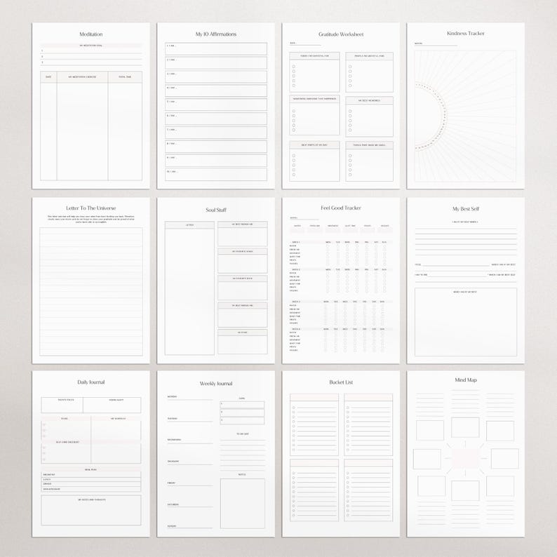 Pu&ograve; includere: Una raccolta di dodici pagine di pianificatore stampabili con vari layout. Le pagine includono sezioni per la meditazione, le affermazioni, la gratitudine, la gentilezza, la tenuta del diario e la definizione degli obiettivi. Le pagine sono bianche con testo e linee nere.