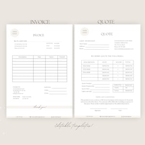 May include: Editable invoice and quote templates with a minimalist design. The templates feature a simple grid layout with headings for "Invoice" and "Quote". The templates include sections for billing information, client information, description, rate, hours, amount, subtotal, tax, and total.