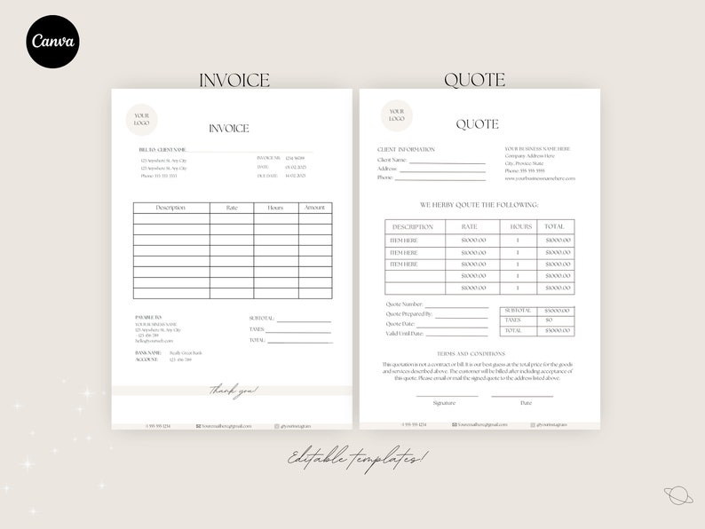 May include: Editable invoice and quote templates with a minimalist design. The templates feature a simple grid layout with headings for "Invoice" and "Quote". The templates include sections for billing information, client information, description, rate, hours, amount, subtotal, tax, and total.