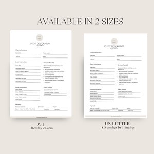 May include: Two printable event planner templates in A4 (21cm x 29.7cm) and US Letter (8.5 inches x 11 inches) sizes. Each template features a minimalist design with a logo placeholder, client information, event details, and payment information sections.