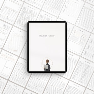 May include: A digital tablet displaying a business planner with a simple design. The planner has a white background with the text "Business Planner" in a dark grey font. A simple illustration of a woman holding a folder is in the centre of the screen.