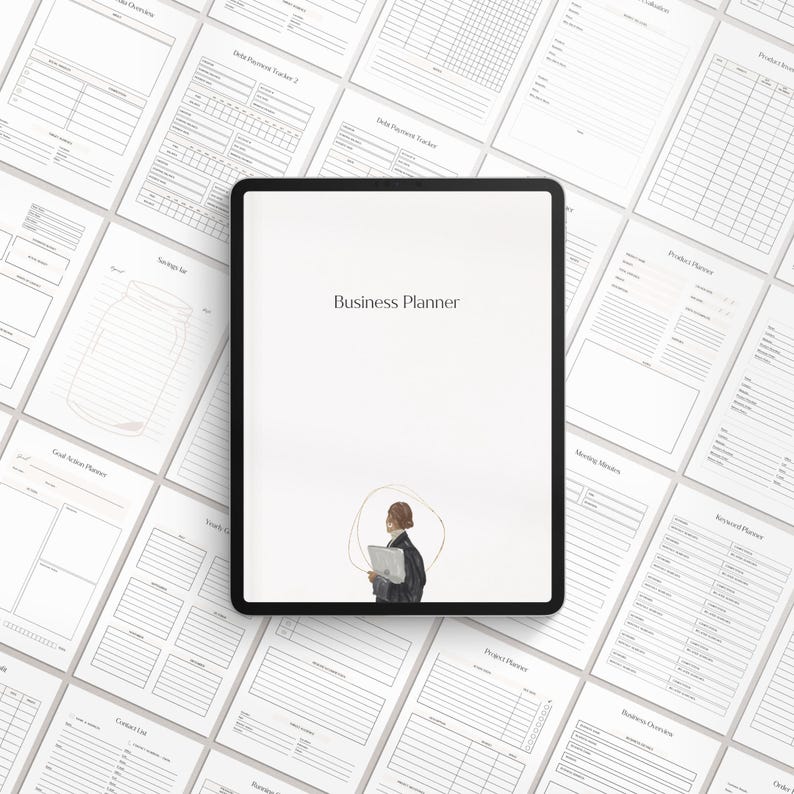 May include: A digital tablet displaying a business planner with a simple design. The planner has a white background with the text "Business Planner" in a dark grey font. A simple illustration of a woman holding a folder is in the centre of the screen.
