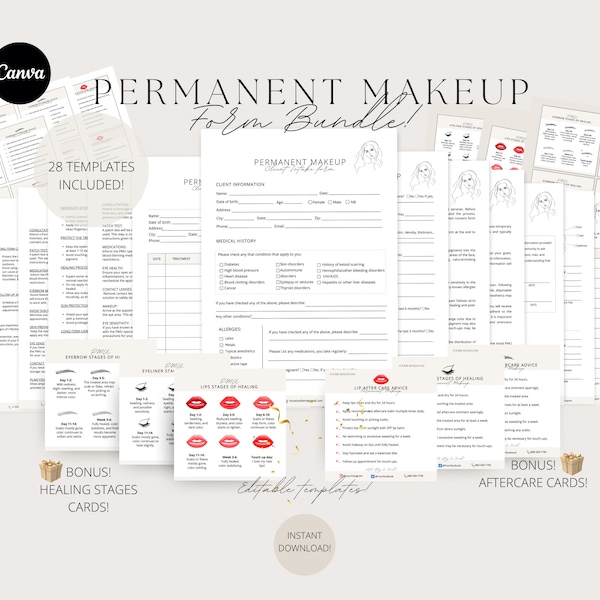 Permanent Makeup Forms - editable templates, PMU consent form,esthetician forms, microblading, aftercare, lip blush, beauty salon, printable