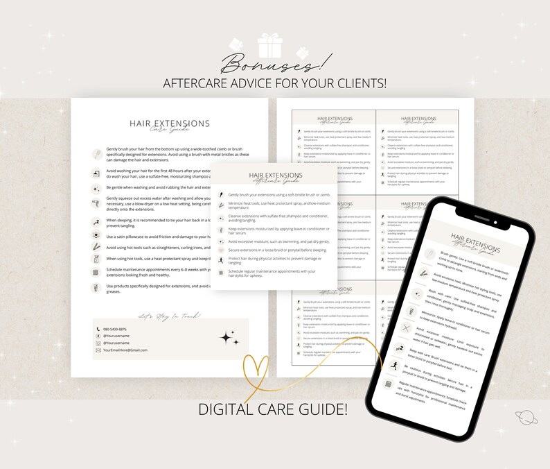 Op de afbeelding: Een digitale gids met de tekst "Bonuses! Aftercare Advice for Your Clients!" en "Hair Extensions Aftercare Guide" op een beige achtergrond. De gids bevat tips voor het verzorgen van haarextensies, zoals borstelen, wassen en stylen.