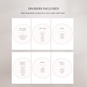 May include: Six white rectangular dividers with black text and circular outlines. The text reads DIVIDERS INCLUDED, One beautiful system for your walk with God, Bible Tracker & Scriptures, Bible Study, Prayer, Journal & Reflection, Planner, and Church & Growth.