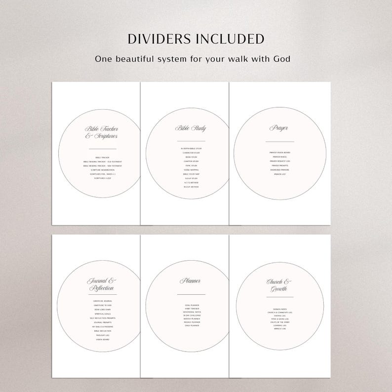 May include: Six white rectangular dividers with black text and circular outlines. The text reads DIVIDERS INCLUDED, One beautiful system for your walk with God, Bible Tracker & Scriptures, Bible Study, Prayer, Journal & Reflection, Planner, and Church & Growth.
