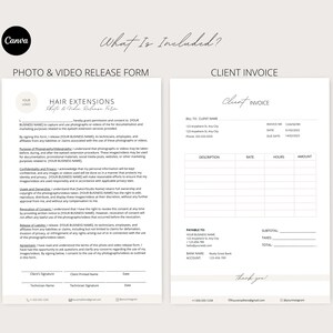 Op de afbeelding: Een foto- en videovrijgaveformulier en een sjabloon voor een klantfactuur. Het vrijgaveformulier bevat een sectie voor de handtekening van de klant, de geprinte naam en de datum. Het factuursjabloon bevat secties voor de naam van de klant, het factuurnummer, de datum, de vervaldatum, de beschrijving, het tarief, de uren, het bedrag, het subtotaal, de belastingen en het totaal. Het factuursjabloon bevat ook een sectie voor de naam van de bank van de klant en het rekeningnummer.